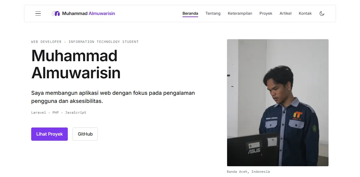 Tampilan situs Portofolio Personal